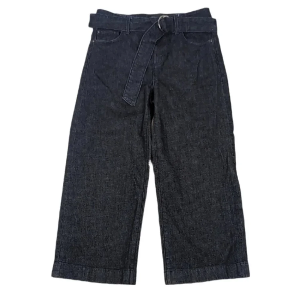 Ann Taylor Wide Leg Denim Trousers Cropped Belted Jeans Womens Size 0
